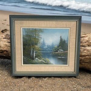 Vintage Framed Landscape Oil Painting Hues Of Blue and Green Signed Cantrell